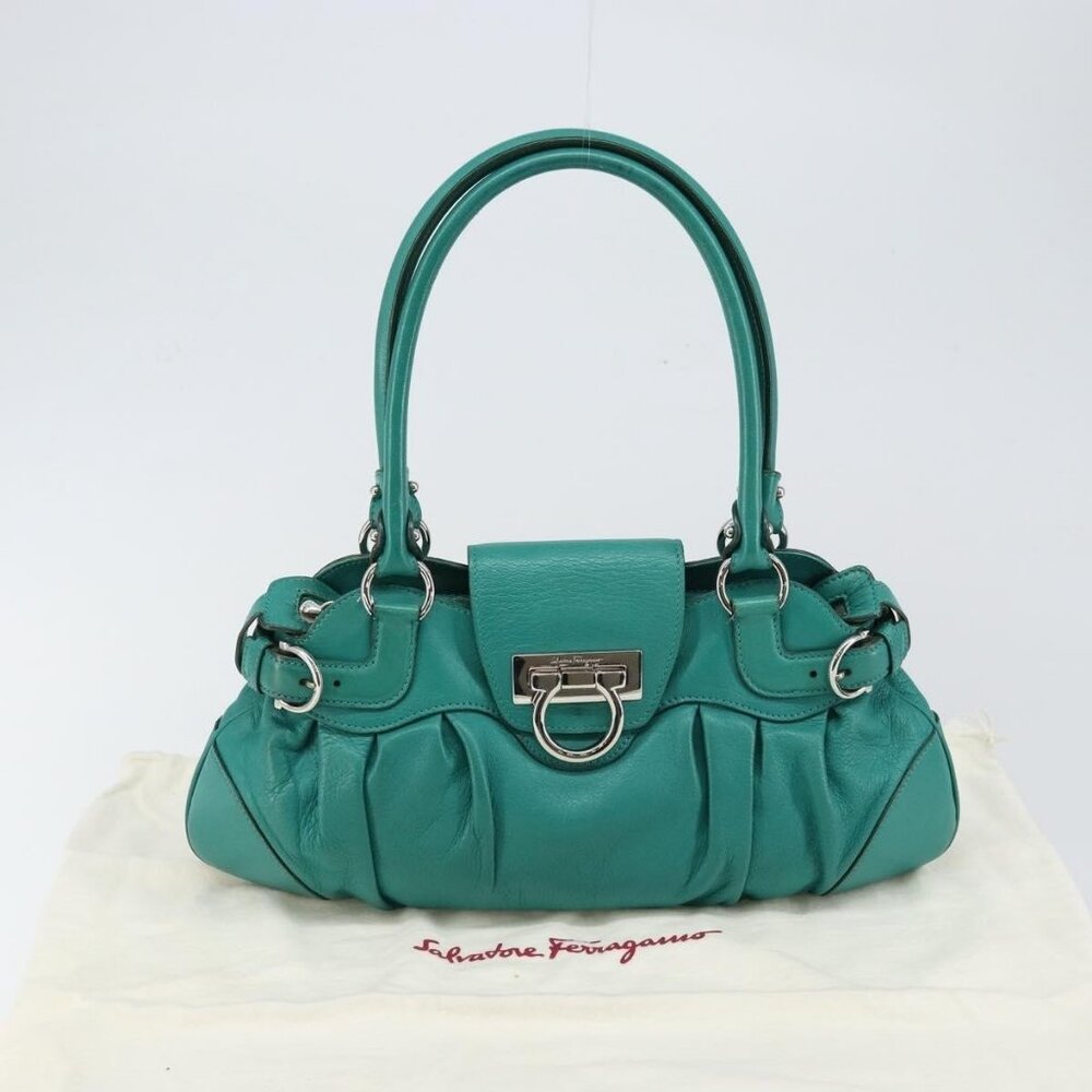 Authentic Salvatore Ferragamo Gancini Shoulder Bag Leather Green Silver - Picture 4 of 16